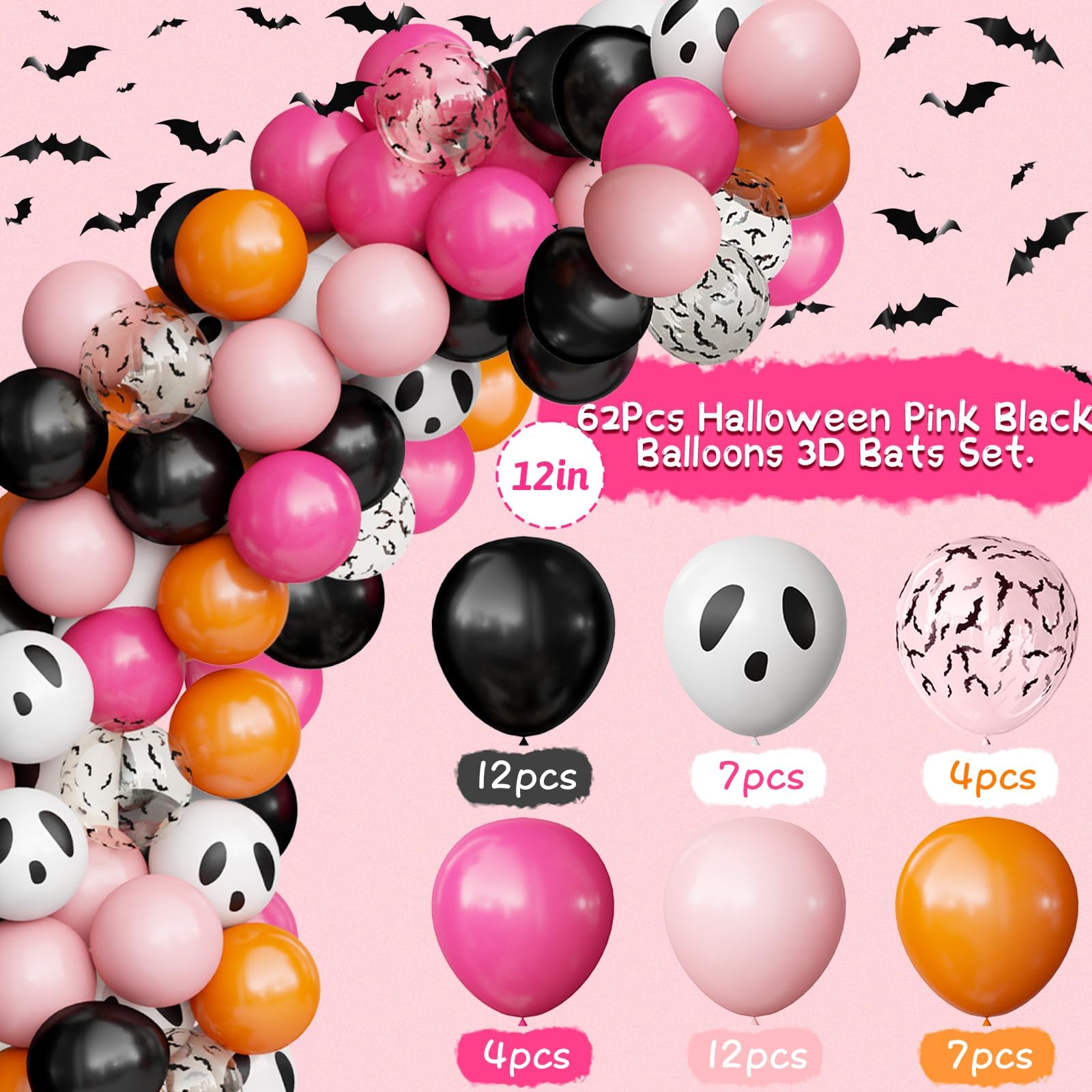 OuMuaMua Halloween Party Decorations Balloons Set, 62Pcs Black Pink Rose Orange Balloons Ghost Bat Print Balloons with 3D Bats for Kids Girls Halloween Birthday Party Decorations Baby Shower Supplies