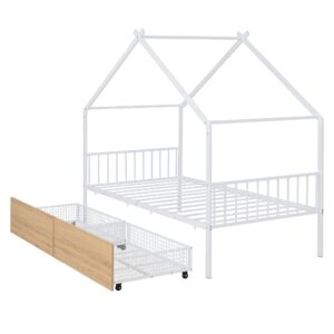 Metal House Bed for Kids, Twin Size Bed Frame with Storage Drawers and Slats, Kids Bed Frame with Headboard and Footboard, Twin Size House Bed for Kids, Girls, Boys(Twin White)