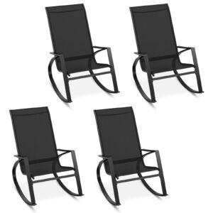 tangkula outdoor rocking chairs set of 4, patio sling fabric rockers with ergonomic backrest & seat, safe stoppers & non-slip rubber mats, metal frame rockers for backyard, front porch (black)