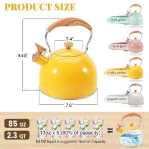 GGC Whistling Tea Kettle for Stove Top, 85OZ/2.6QT Stainless Steel Tea Kettles for Boiling Water Milik or Coffee, Yellow Tea Pots with Wood Pattern Folding Handle, Thumb Design Control Kettle Outlet