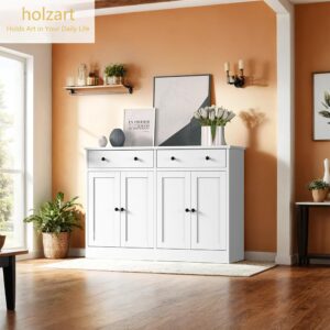 holzart White Buffet Storage Cabinet with Doors and Drawers, 49" W Coffee Bar Cabinet, Kitchen Buffet Sideboard for Living Room, Kitchen