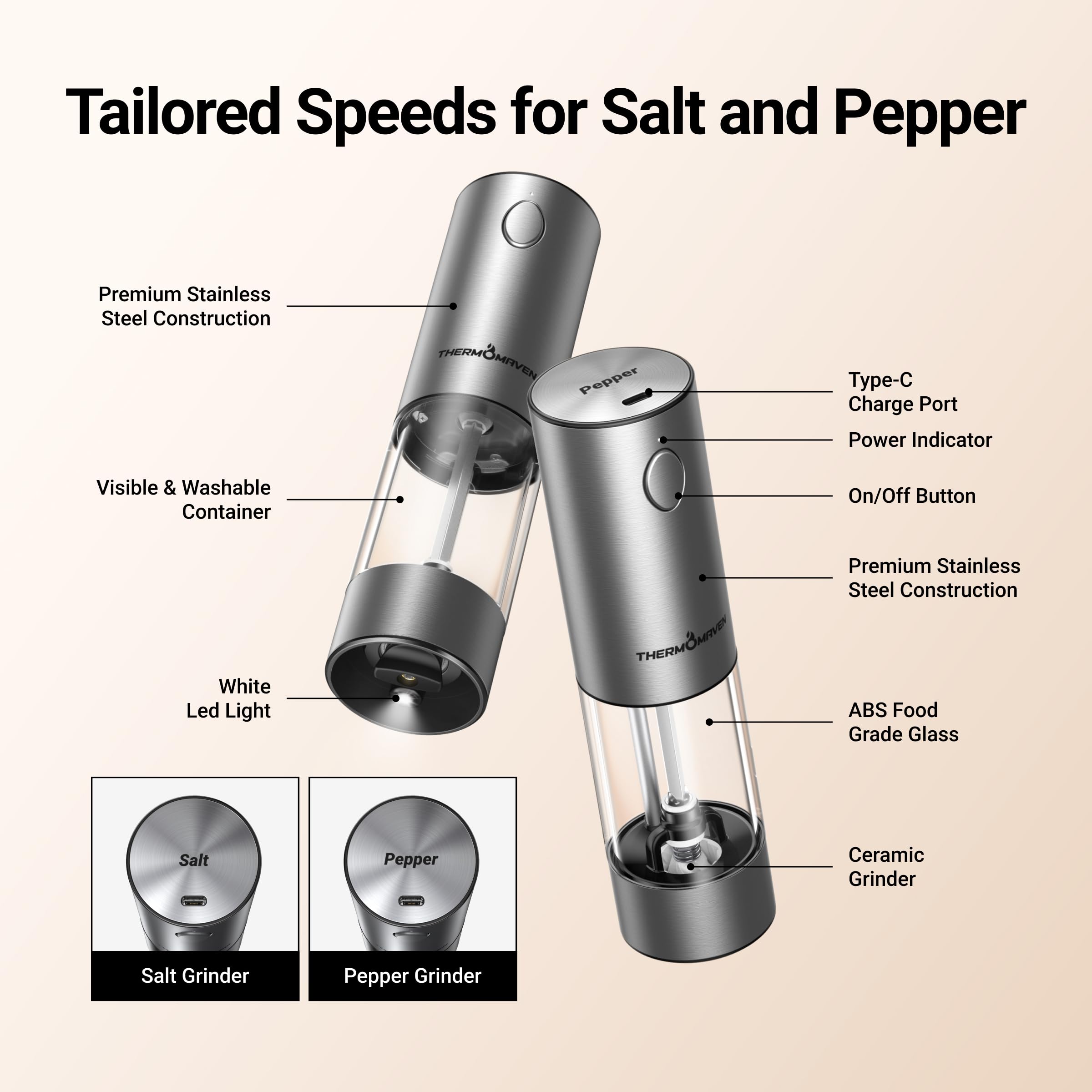 ThermoMaven Electric Salt and Pepper Grinder Set, 2.5 Oz Larger Rechargeable Automatic Salt and Pepper Mill Grinder with 6 Adjustable Coarseness, Electric Salt and Pepper Shakers, LED, 2 Packs, Silver