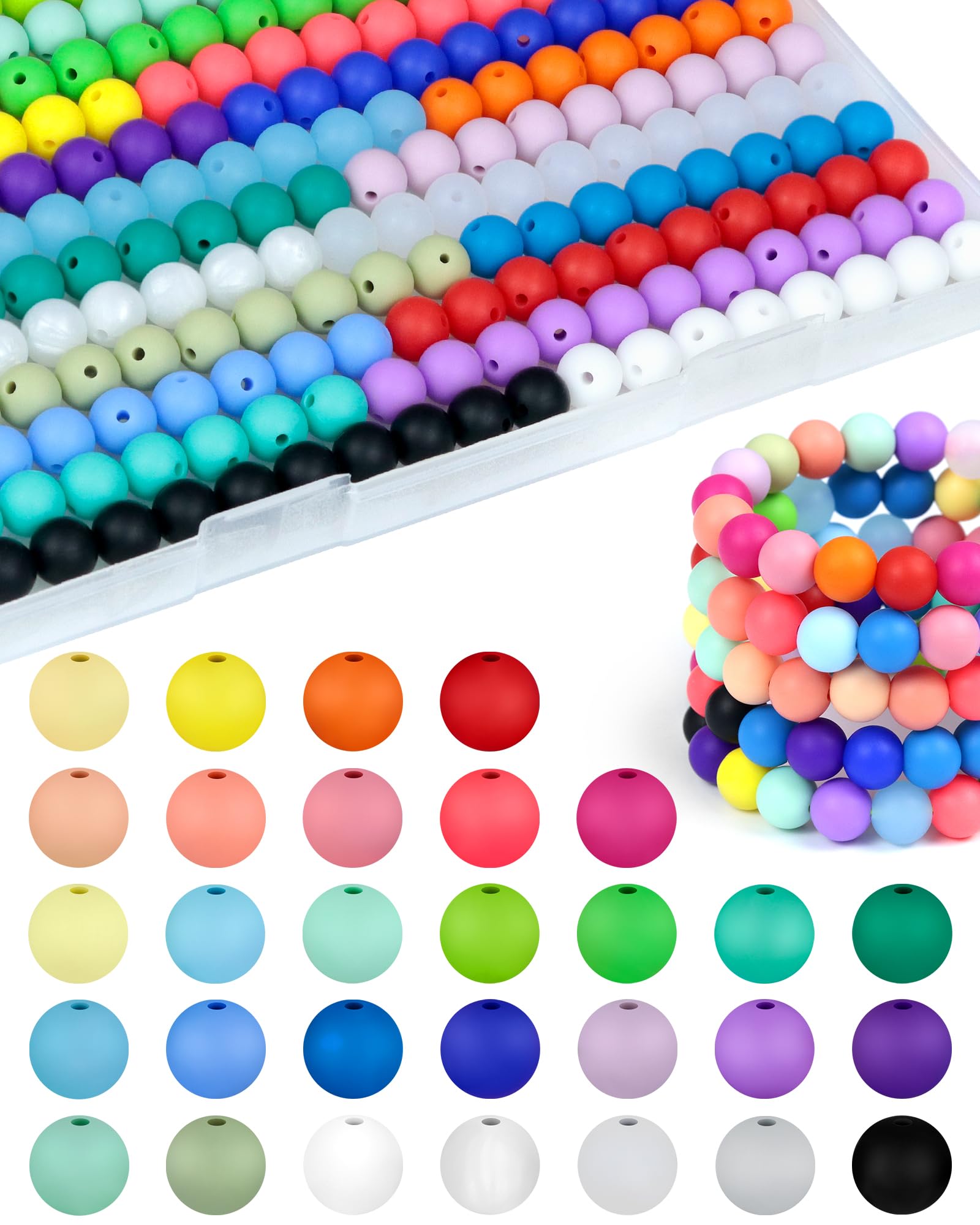 180PCS FIVEIZERO Small Silicone Beads, 30 Colors 9mm Silicone Beads Focal Beads Rubber Round Beads Mixed Color Silicone Beads Bulk for DIY and Keychain Accessories Silicone Beads Crafts Making