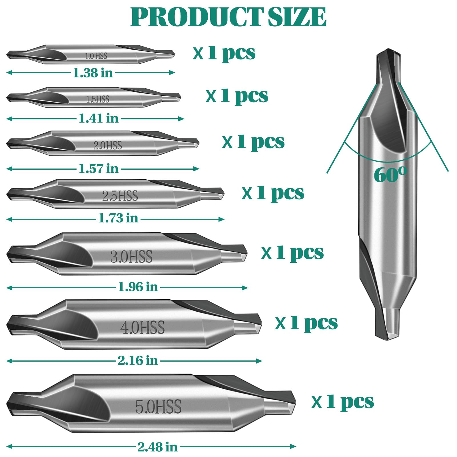 Kicyosl 7 Pcs Upgraded Center Drill Bits Set, High Speed Steel 60-Degree Angle Center Drill Bits Kit Countersink Tools for Lathe Metalworking Size 1.0 1.5 2.0 2.5 3.0 4.0 5.0