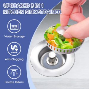 Upgraded 3 in 1 Kitchen Sink Drain Strainer - Stainless Steel Pop Up Sink Stopper, Anti-Clogging Sink Basket, Fast Drainage Kitchen Sink Plug for US Standard 3-1/2 Inch Drain