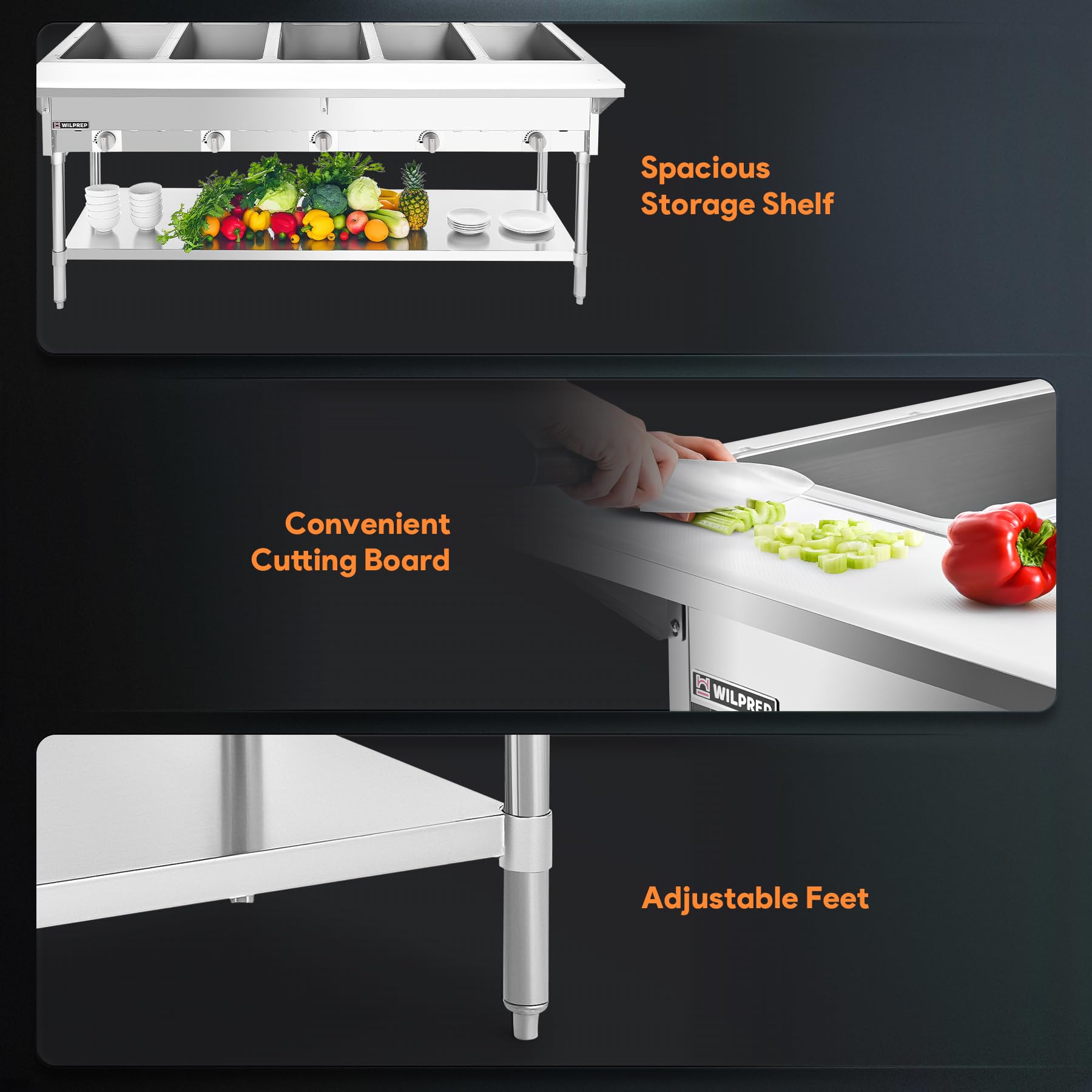 WILPREP 5 Well Natural Gas Food Warmer, 17,500BTU Commercial Gas Steam Table with 8" Cutting Board & Storage Shelf, 72" LP NG Stainless Steel Steam Table Food Warmer for Catering Buffets Restaurants