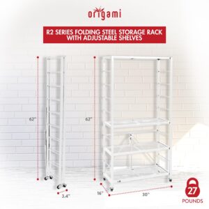 Origami R2 Series Folding Heavy Duty Steel Storage Rack Adjustable Shelving Portable Home Organization Unit with Wheels, Set of 2, White