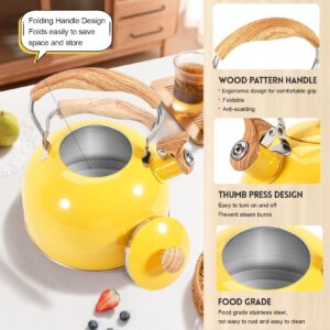 GGC Whistling Tea Kettle for Stove Top, 85OZ/2.6QT Stainless Steel Tea Kettles for Boiling Water Milik or Coffee, Yellow Tea Pots with Wood Pattern Folding Handle, Thumb Design Control Kettle Outlet