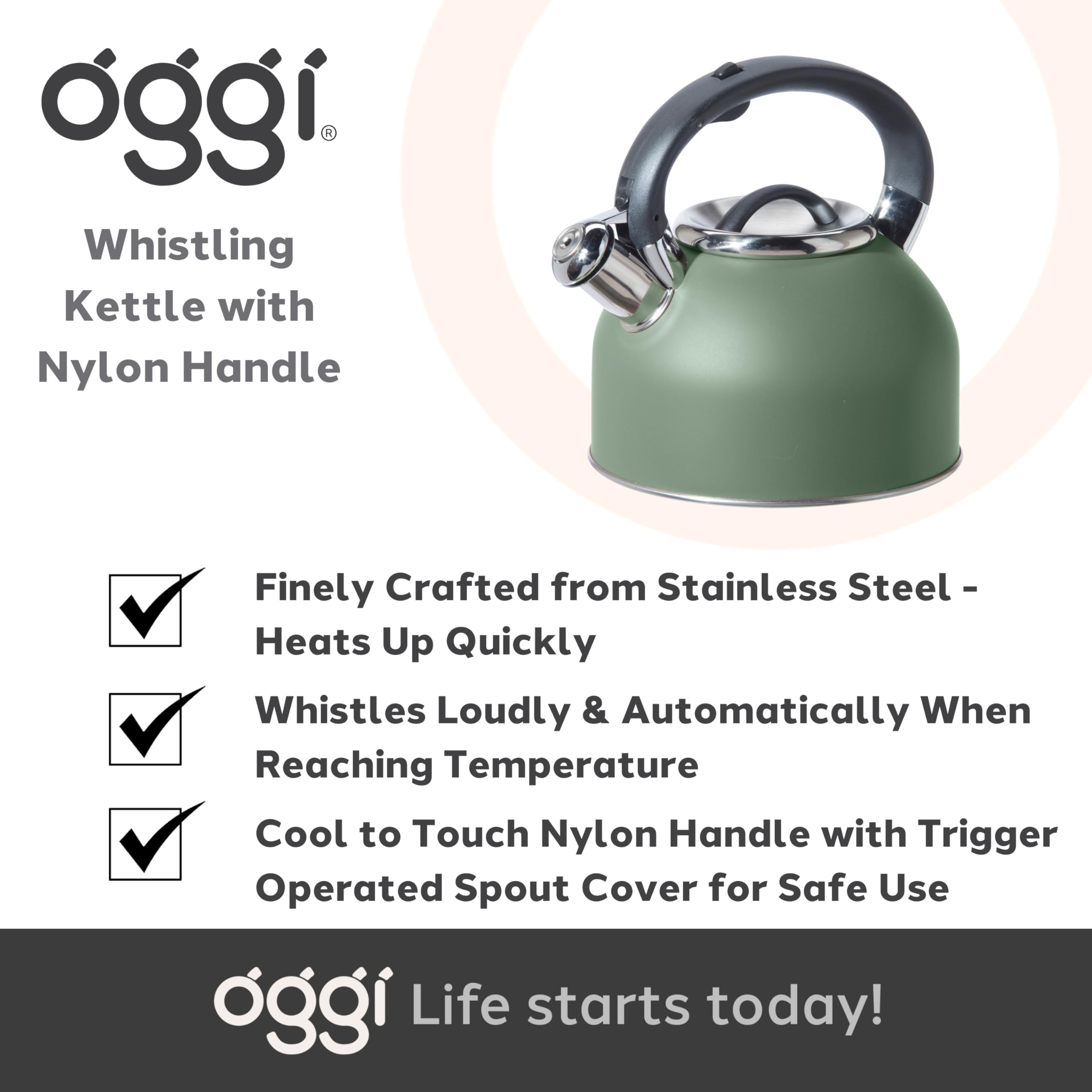 OGGI Tea Kettle for Stove Top - 64oz / 1.9lt, Stainless Steel Kettle with Loud Whistle, Ideal Hot Water Kettle and Water Boiler - Sage