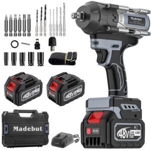 Cordless Impact Wrench,3-speeds Cordless Impact Gun with 2 * 4.0Mah, 1000N.m (740Ft-lbs) Electric Impact Wrench with 5 Sleeves, High Torque 1/2 Impact Wrench, Power Impact Wrenches for Home Car Tyre