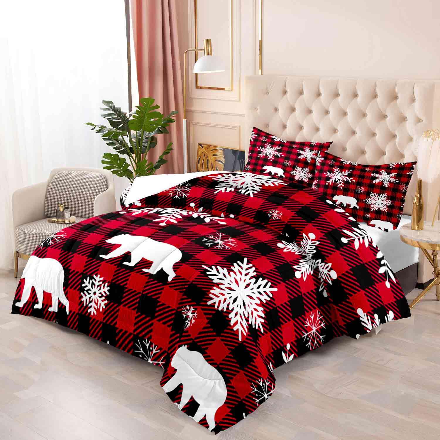 LUVIVIHOME 3PCS Christmas Bear Comforter Set Queen Size, White Snowflake Red Black Plaid Xmas Holiday Cabin Christmas Bedding for Kids Girls Boys, Christmas Bedroom Decor, 2 Pillow Shams