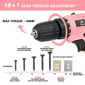 Jar-Owl 21V Pink Drill Set Tool Kit Set Power Drill for Women DIY with Storage Bag Tool Box,350 in-lb Torque, 0-1350RMP Variable Speed, 10MM 3/8'' Keyless Chuck, 1.5Ah Li-Ion Battery for Home Tool Kit