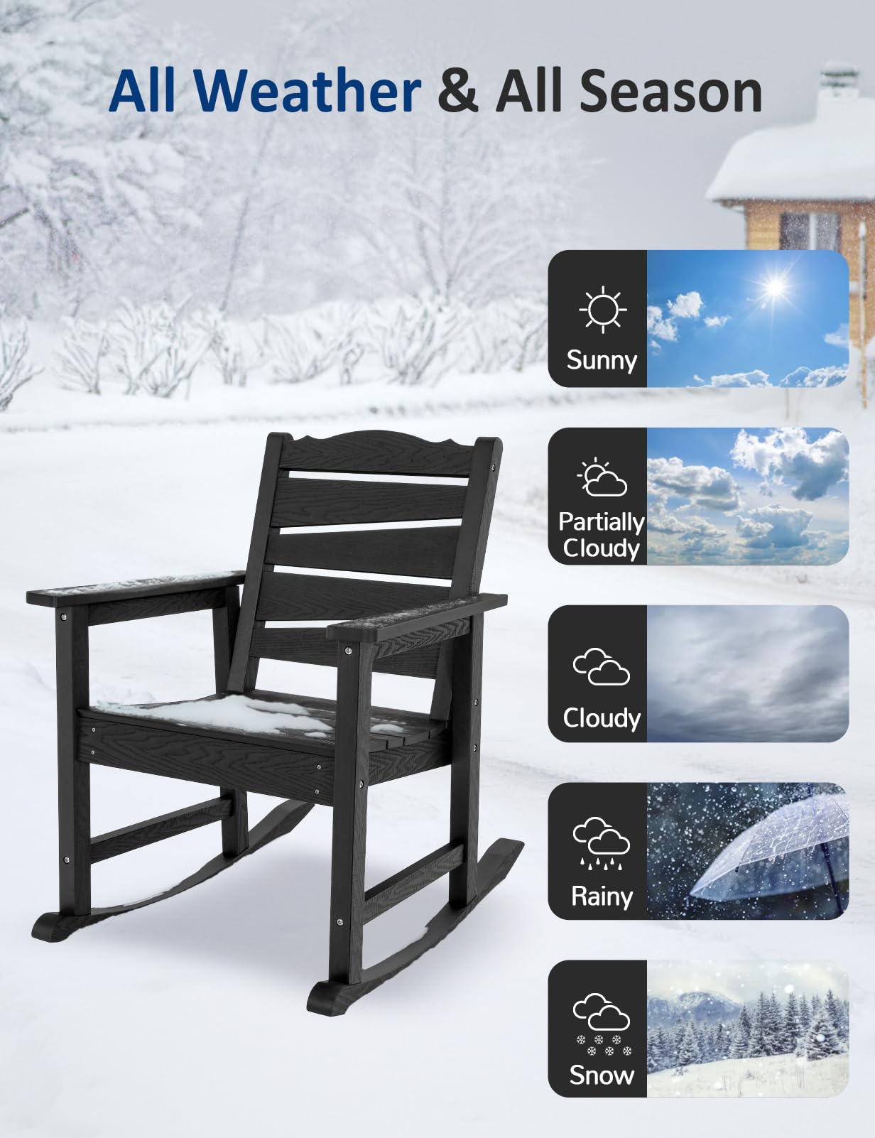 Weatherproof Patio Rocking Chair, HIPS Outdoor Rocking Chair for Adults, 400LBS Support Heavy Duty Porch Rocking Chairs for Garden, Lawn, Backyard, Outdoor and Indoor (Black)