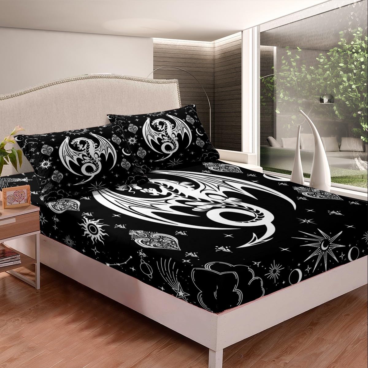 White Black Dragon Bed Sheets Queen Size,Sun Moon Stars Galaxy Bedding Set 4Pcs,Western Magical Animals Fitted Sheet for Kids Boys Men Teens Room Decor,Boho Gothic Top Flat Sheet,2 Pillowcases