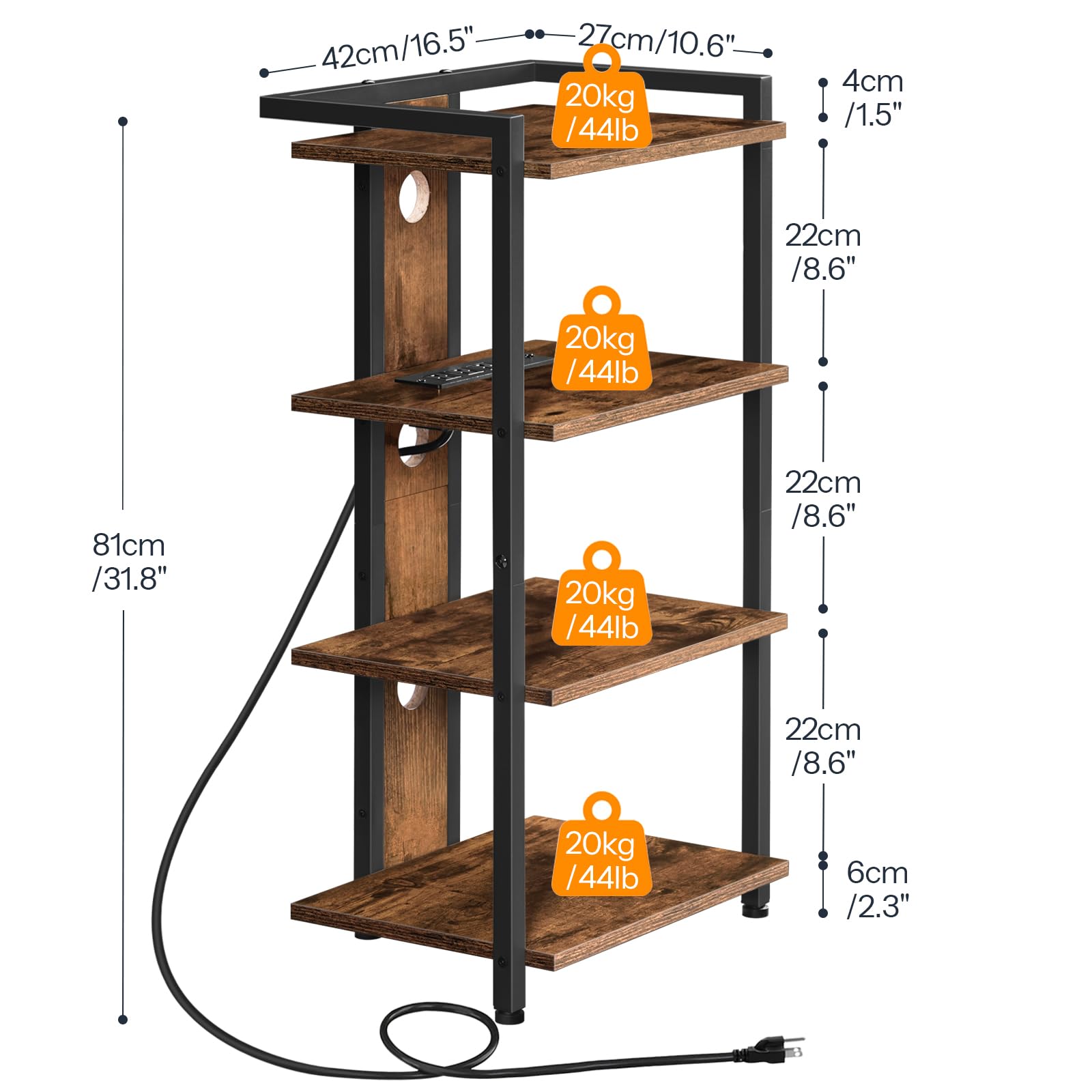 HOOBRO 4-Tier AV Media Stand, Media Console with Charging Station and LED Light Strip, Entertainment Device Stand, Game Console, Record Player, Media Accessories, Rustic Brown and Black BF38UDCJ01