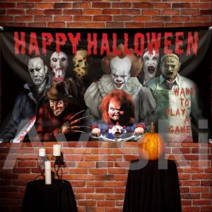 Horror Movie Classic Character Backdrop Banner, 78 × 43inch Halloween Party Background Large Backdrops Classic Movie Chainsaw Clown Horror Movie Supplies for Indoor Outdoor Photo Booth Props