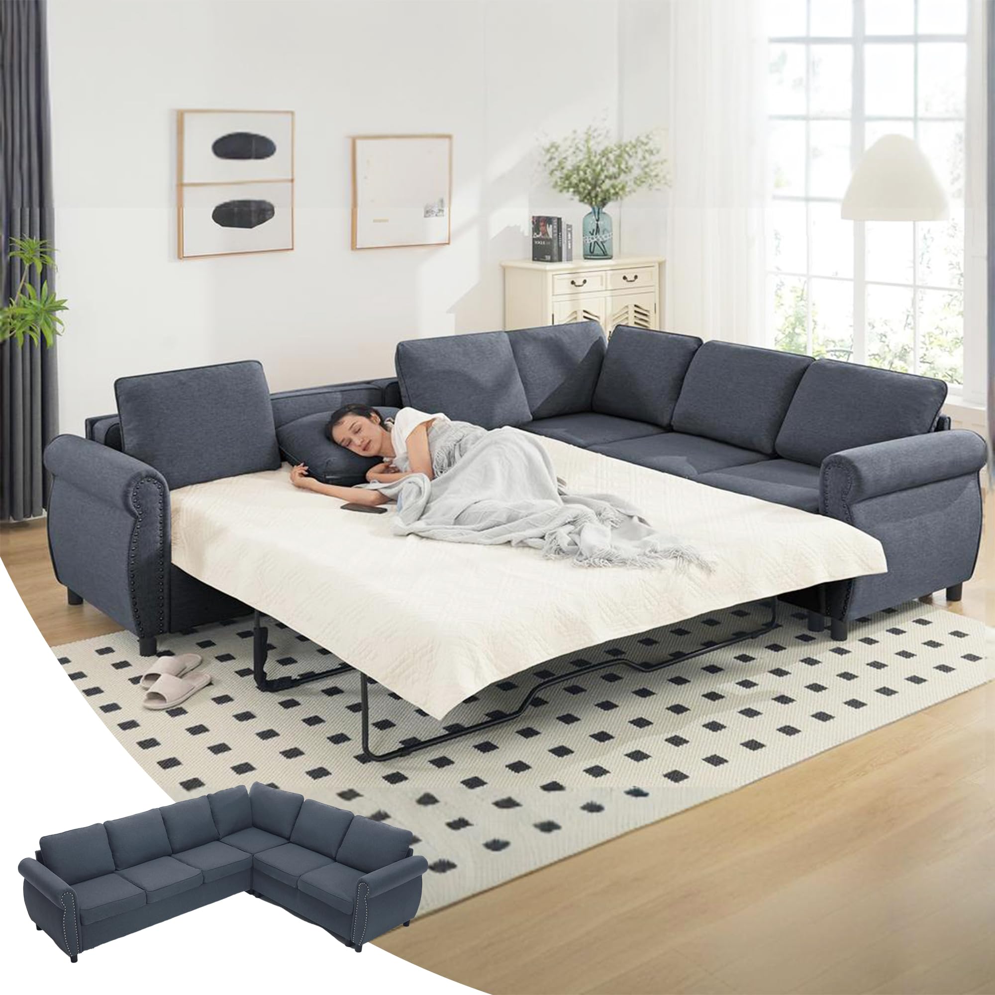 UPYOOE Sleeper Sofa Bed, Pull Out Couch with Mattress, 104'' 6 Seater Upholstery Sectional Couches, Modern Comfy L Shape Sofa Couch, Living Room Furniture for Living Room, Apartment, Studio, Grey