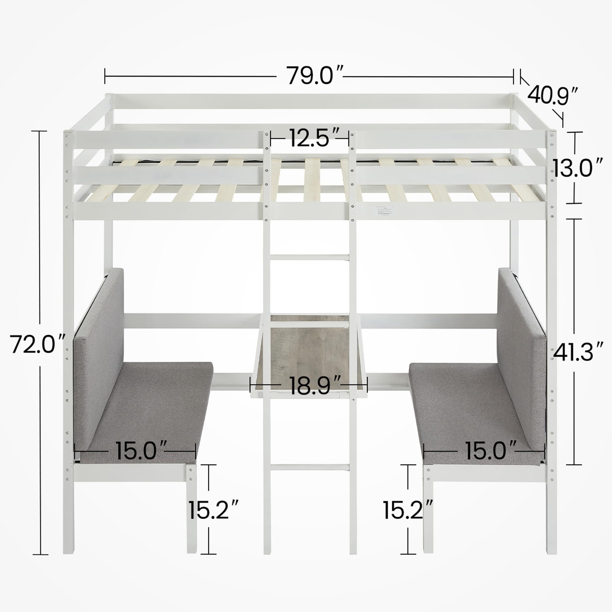 Metal Loft Bed Twin Size, Twin Loft Bed with Desk and Bench, Twin Size Loft Bed Turn into Twin Bunk Beds, Twin Loft Bed with Ladder and Full-Length Guardrail(Cushion Sets are Free), Twin White