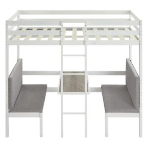 Metal Loft Bed Twin Size, Twin Loft Bed with Desk and Bench, Twin Size Loft Bed Turn into Twin Bunk Beds, Twin Loft Bed with Ladder and Full-Length Guardrail(Cushion Sets are Free), Twin White