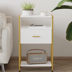 JOONEE White and Gold Nightstand, Modern Side Table with Fluted Drawer, Tall Night Stand with 3 Storage Shelves for Living Room, Bedroom