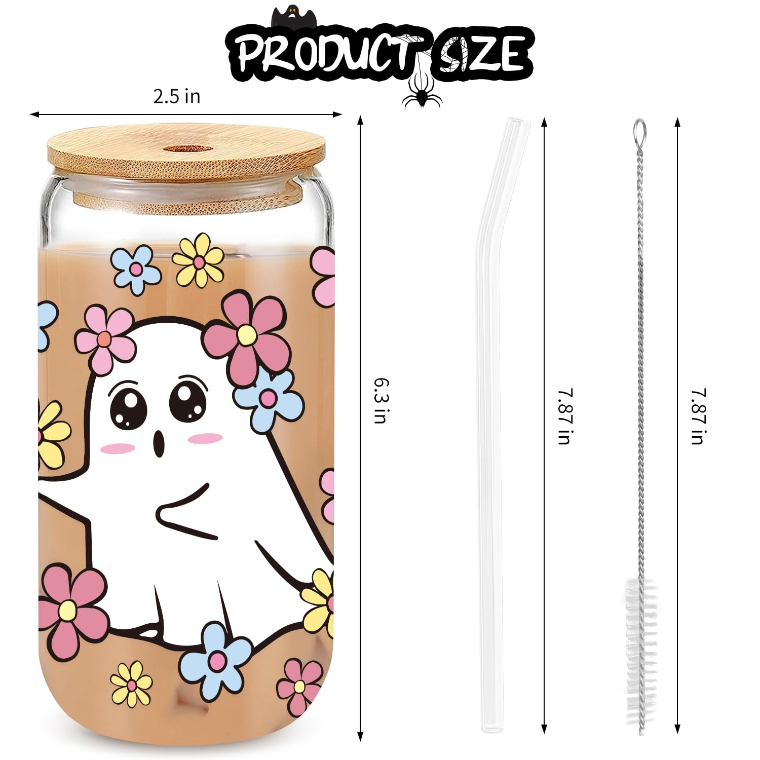 UAREHIBY Halloween Gifts for Women with Floral Ghost Mug,18 OZ Cute Halloween Spooky Glass Cups with Lids and Straws,Funny Halloween Coffee Tumbler Ghost Mug,Halloween Decorations