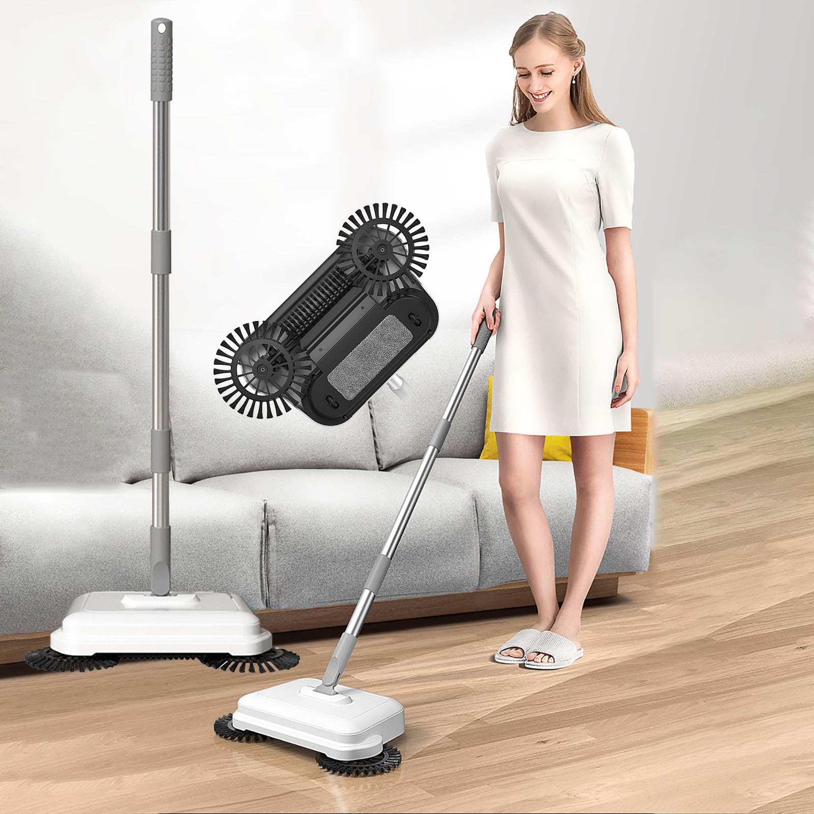 Hand Push Sweeper Home Sweeping Mopping Machine Vacuum Cleaner High Efficient Crumb Sweeper No Noise Works on Hard Floors Lightweight for Home Office Cleaning