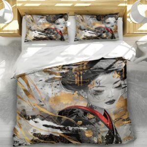 Aimery Beauty of Geisha Duvet Cover and Comforter Set – Artistic Geisha Designs with Traditional Japanese Elements, 100% Microfiber Bedding Set for a Stylish and Cultural Bedroom (Twin (68"x90"),02)