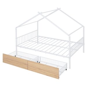 Metal House Bed for Kids, Full Size Bed Frame with Storage Drawers and Slats, Kids Bed Frame with Headboard and Footboard, Full Size House Bed for Kids, Girls, Boys(Full White)