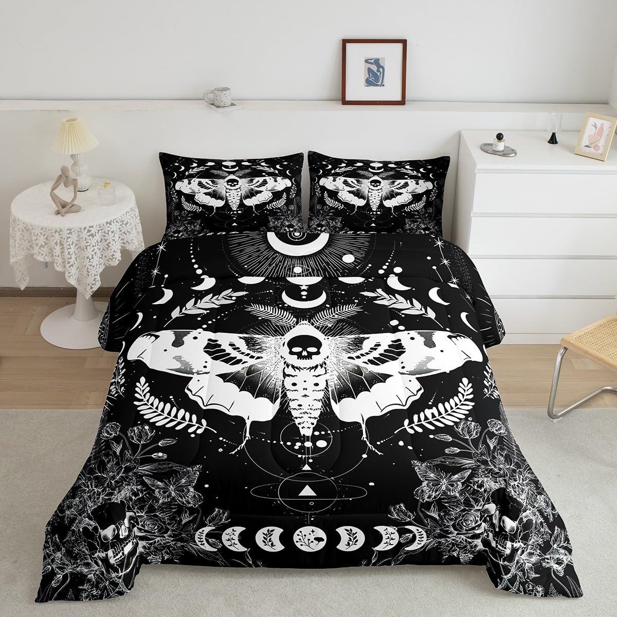 Feelyou Kids Death Moth Comforter Set Twin Size, Skull Decor Bedding Set Boys Girls Boho Moth Comforter Gothic Teens Duvet Set Bedroom Decor Bed Set 2Pcs