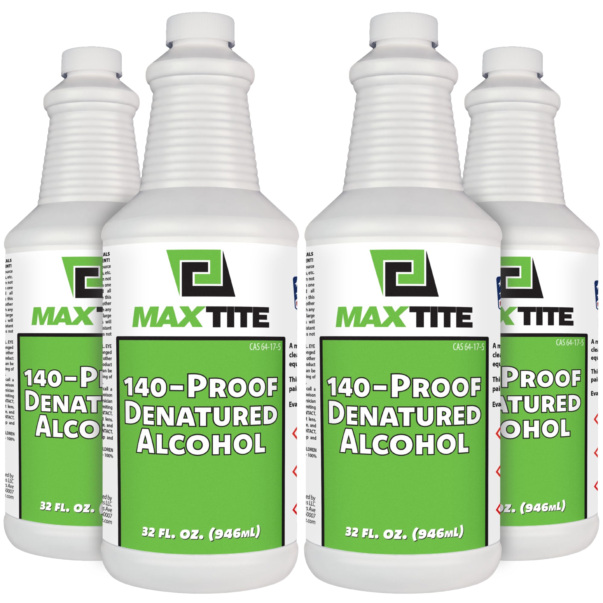 140-Proof (70%) Denatured Alcohol - 32 fl oz, 4 Pack (1 Gallon Total) - for Industrial, DIY, or Professional Use - Solvent, Cleaner, Additive - Made in USA