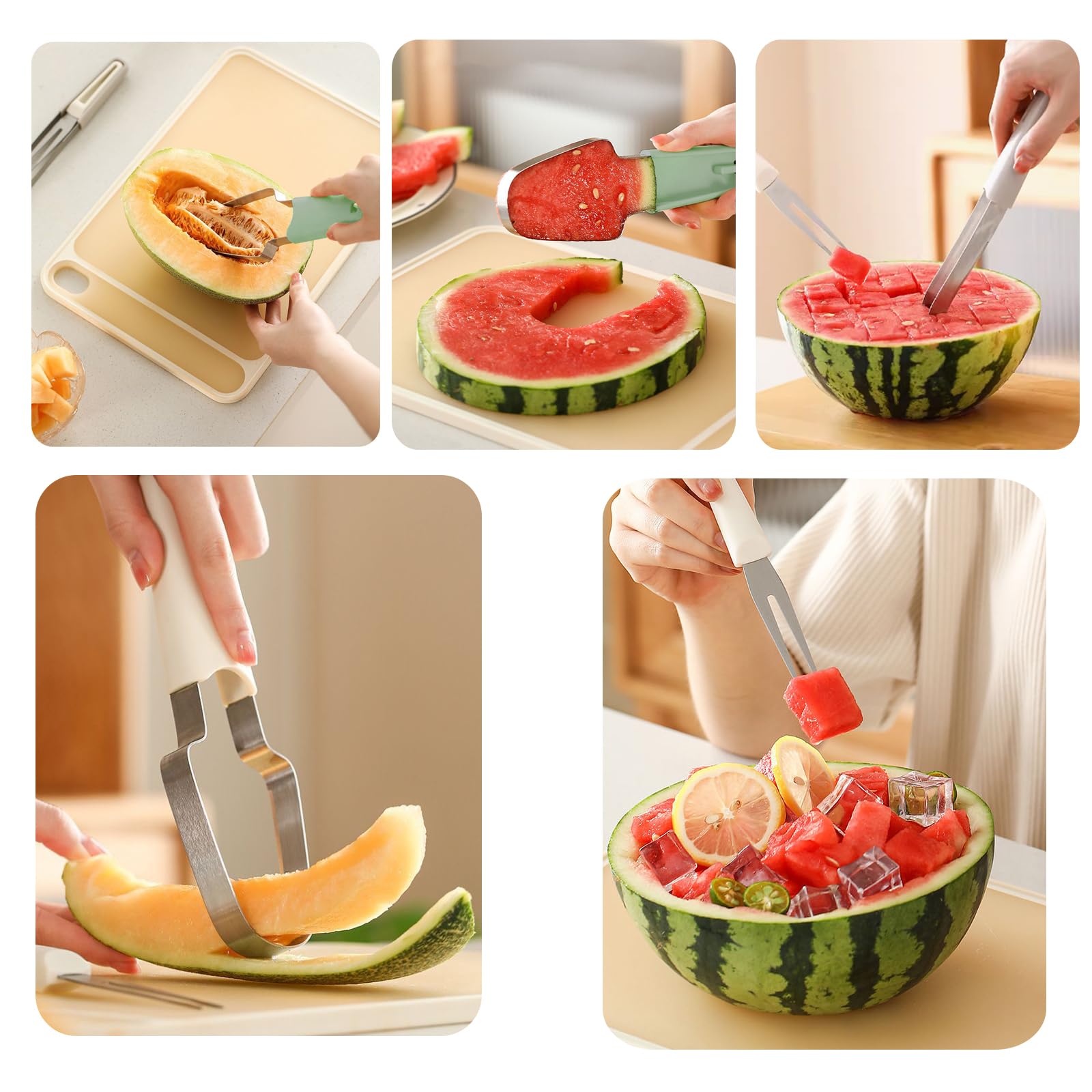 Zhaolie 3-in-1 Watermelon Fork Slicer Cutter，Stainless Steel Watermelon Popsicle Cutter Watermelon Cutter Slicer Tool Melon Cutter Knife Portability Fruit Fork Set for Camping Kitchen Gadgets, Green