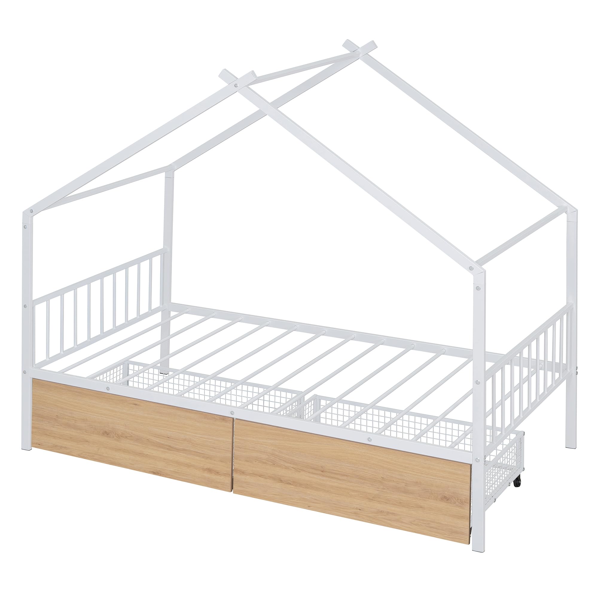 Metal House Bed for Kids, Twin Size Bed Frame with Storage Drawers and Slats, Kids Bed Frame with Headboard and Footboard, Twin Size House Bed for Kids, Girls, Boys(Twin White)