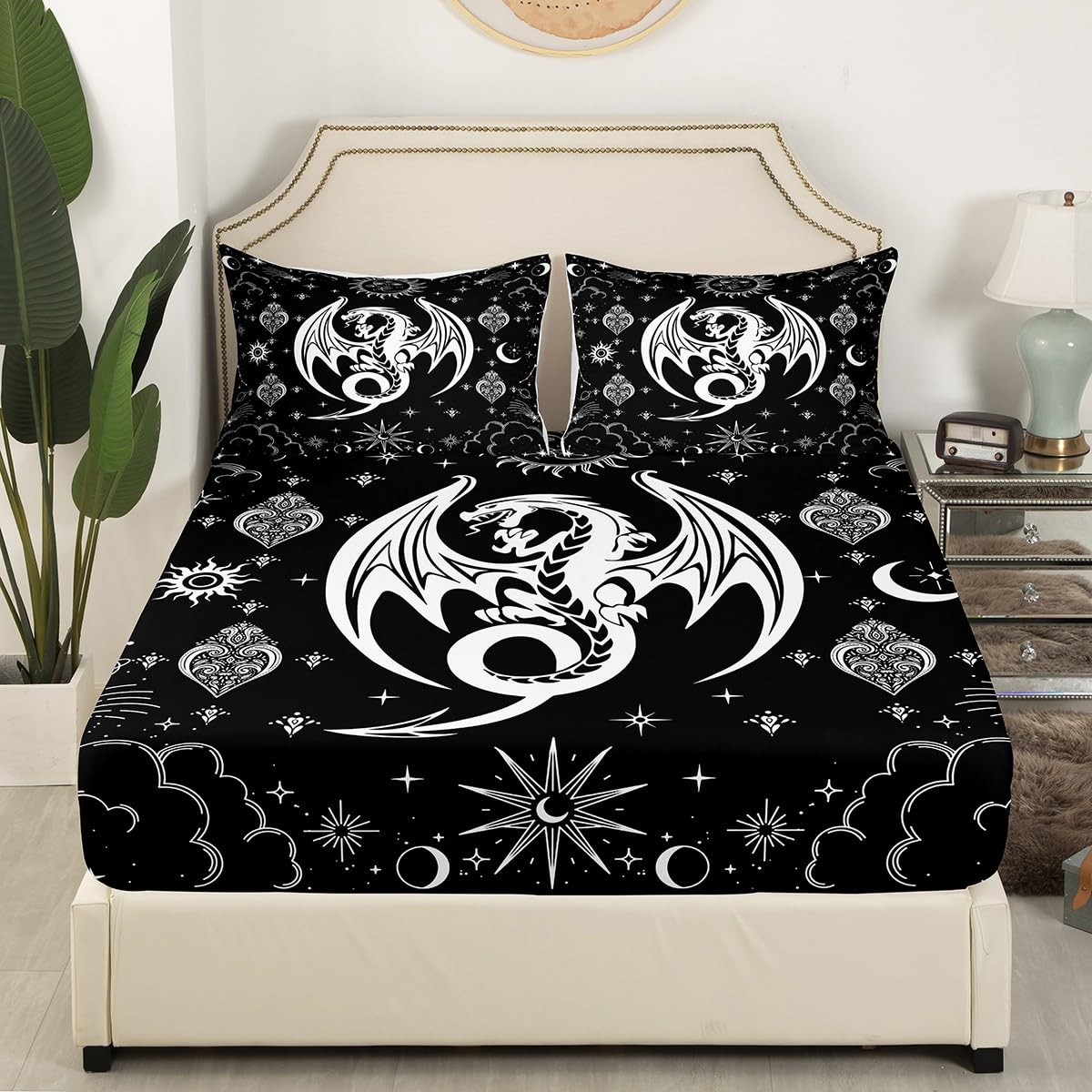 White Black Dragon Bed Sheets Queen Size,Sun Moon Stars Galaxy Bedding Set 4Pcs,Western Magical Animals Fitted Sheet for Kids Boys Men Teens Room Decor,Boho Gothic Top Flat Sheet,2 Pillowcases