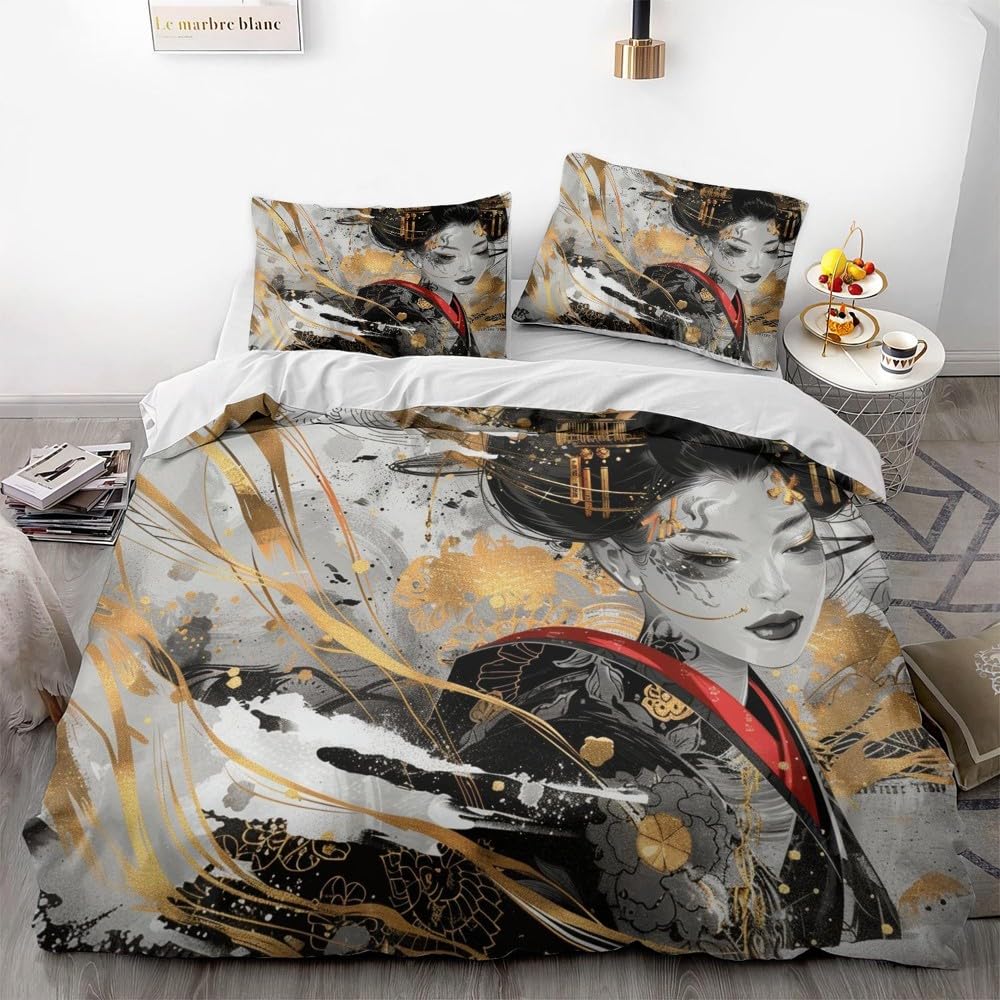 Aimery Beauty of Geisha Duvet Cover and Comforter Set – Artistic Geisha Designs with Traditional Japanese Elements, 100% Microfiber Bedding Set for a Stylish and Cultural Bedroom (Twin (68"x90"),02)