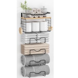 towel racks for bathroom,towel rack wall mounted, 6 tier rolled or folded towel holder with floating shelves, bathroom towel holder for bath, hand towels,metal,walnut wood panel