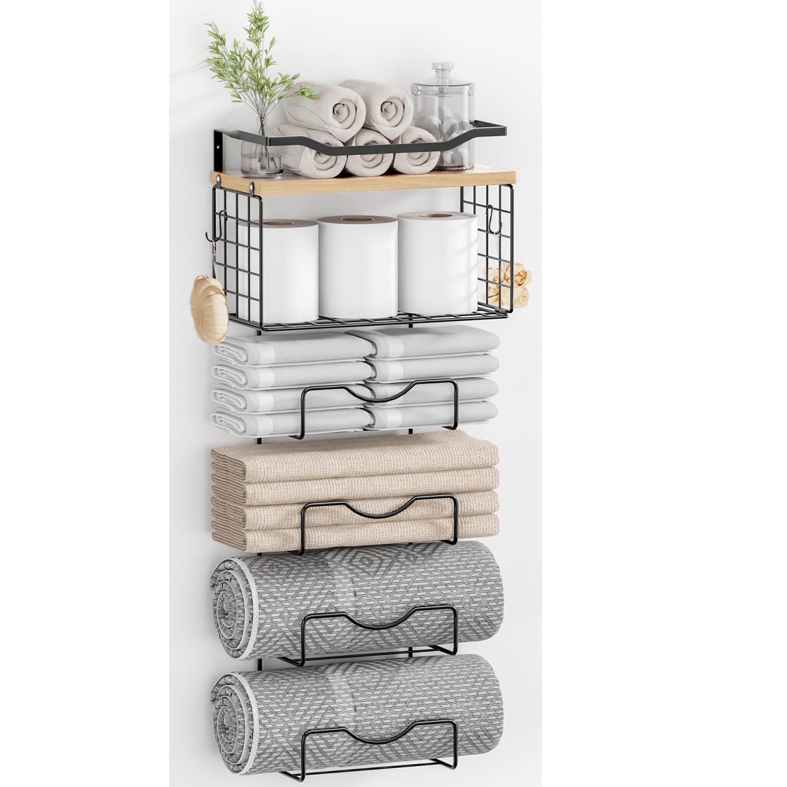 Towel Racks for Bathroom,Towel Rack Wall Mounted, 6 Tier Rolled Or Folded Towel Holder with Floating Shelves, Bathroom Towel Holder for Bath, Hand Towels,Metal,Walnut Wood Panel