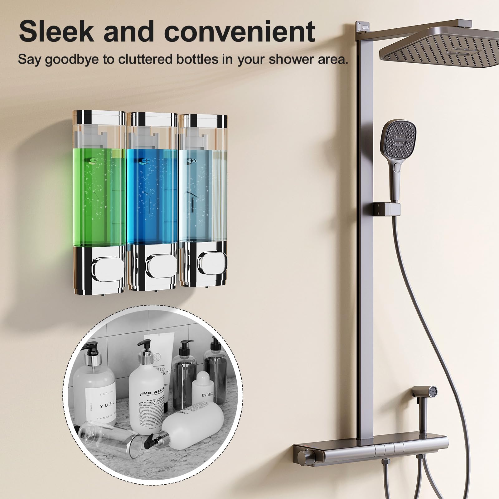 3-Chamber Wall Mounted Shampoo and Conditioner Dispenser,300ML Each Shower Soap Dispenser,Easy Refill,No Drip,Ideal for Shampoo,Conditioner,Body Wash for Bathroom Kitchen Hotel