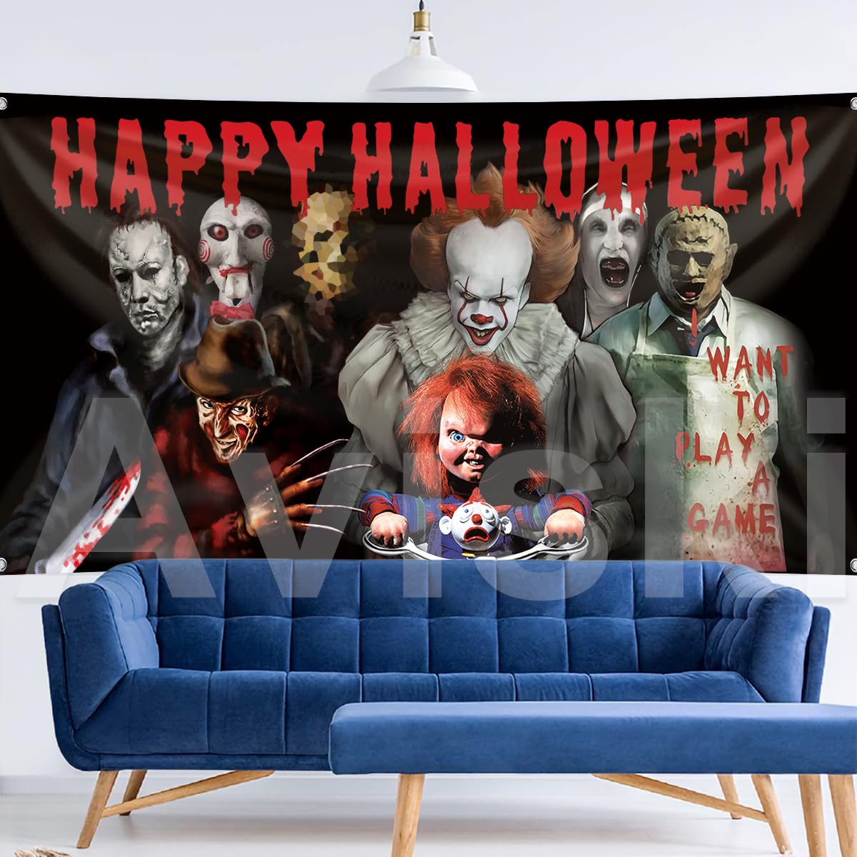 Horror Movie Classic Character Backdrop Banner, 78 × 43inch Halloween Party Background Large Backdrops Classic Movie Chainsaw Clown Horror Movie Supplies for Indoor Outdoor Photo Booth Props