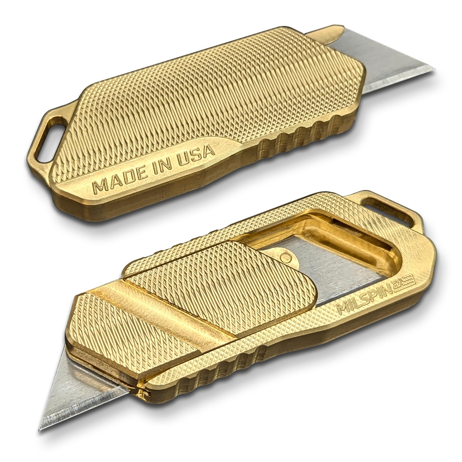 Milspin Magnus 2.0 Brass EDC Utility Knife with Retractable Razor and Internal Spare Blade Storage I 7 Blades Included I Made in USA