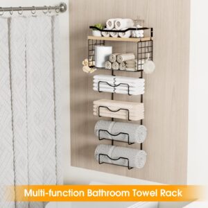 Towel Racks for Bathroom,Towel Rack Wall Mounted, 6 Tier Rolled Or Folded Towel Holder with Floating Shelves, Bathroom Towel Holder for Bath, Hand Towels,Metal,Walnut Wood Panel