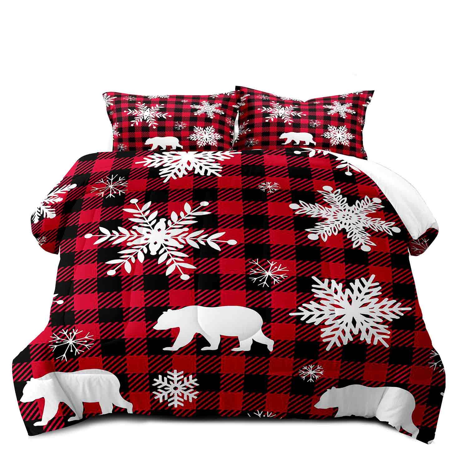 LUVIVIHOME 3PCS Christmas Bear Comforter Set Queen Size, White Snowflake Red Black Plaid Xmas Holiday Cabin Christmas Bedding for Kids Girls Boys, Christmas Bedroom Decor, 2 Pillow Shams