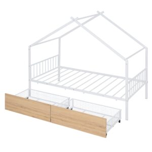 Metal House Bed for Kids, Twin Size Bed Frame with Storage Drawers and Slats, Kids Bed Frame with Headboard and Footboard, Twin Size House Bed for Kids, Girls, Boys(Twin White)