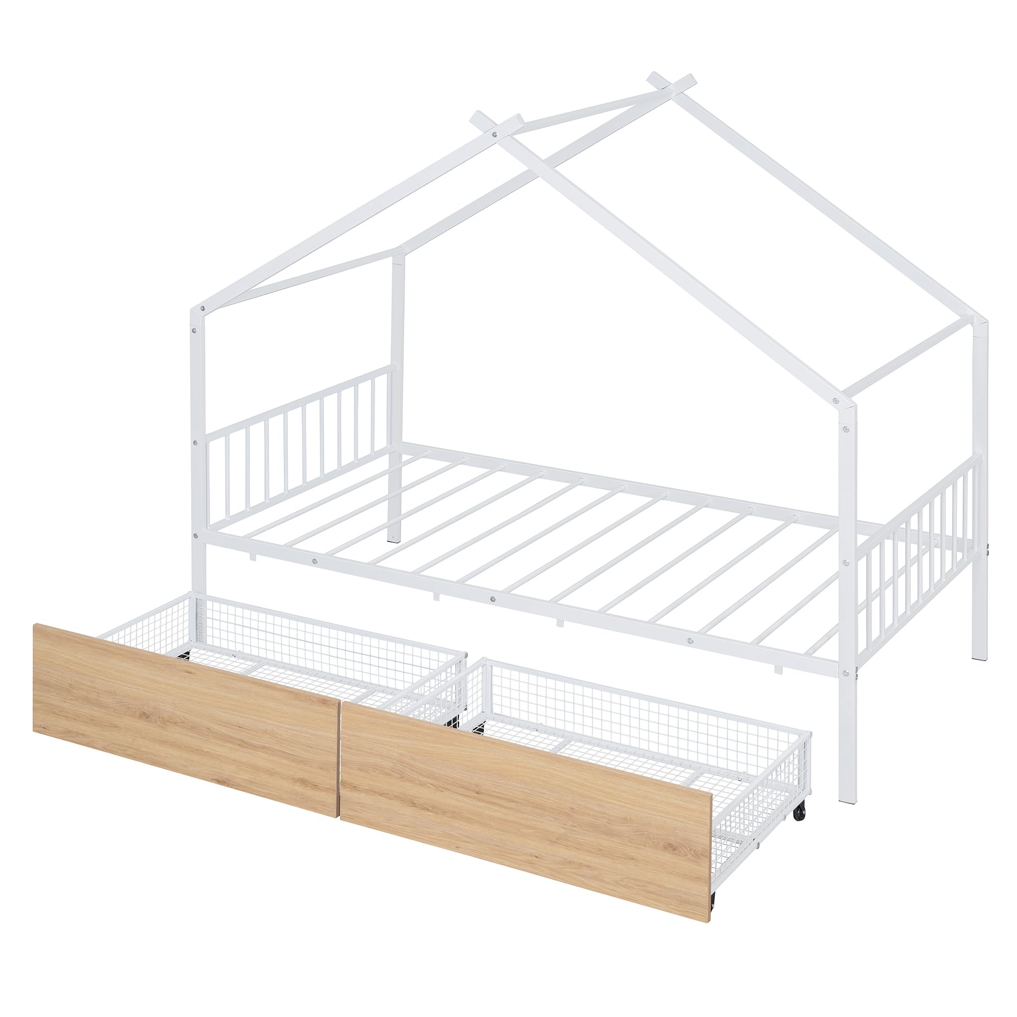 Metal House Bed for Kids, Twin Size Bed Frame with Storage Drawers and Slats, Kids Bed Frame with Headboard and Footboard, Twin Size House Bed for Kids, Girls, Boys(Twin White)