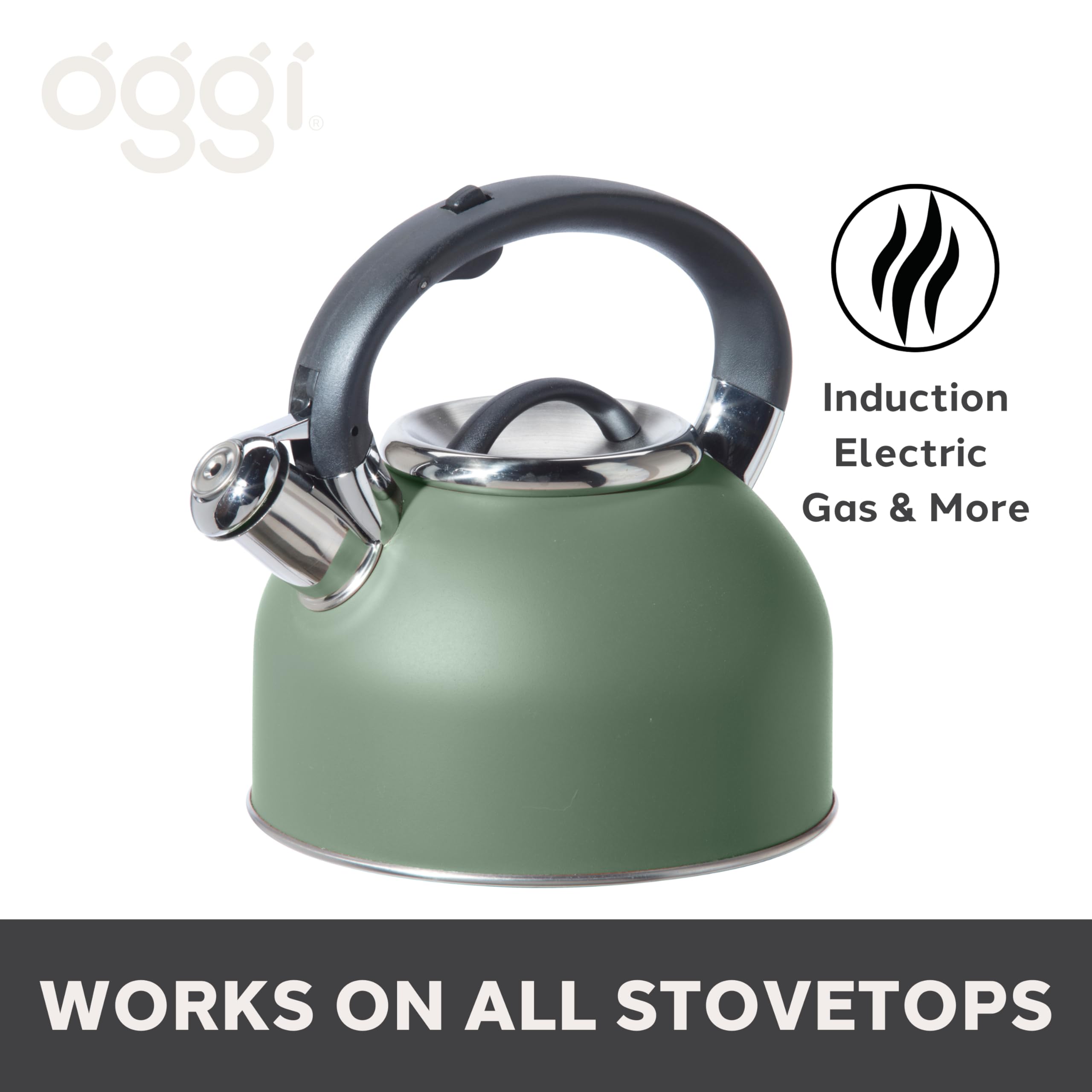 OGGI Tea Kettle for Stove Top - 64oz / 1.9lt, Stainless Steel Kettle with Loud Whistle, Ideal Hot Water Kettle and Water Boiler - Sage