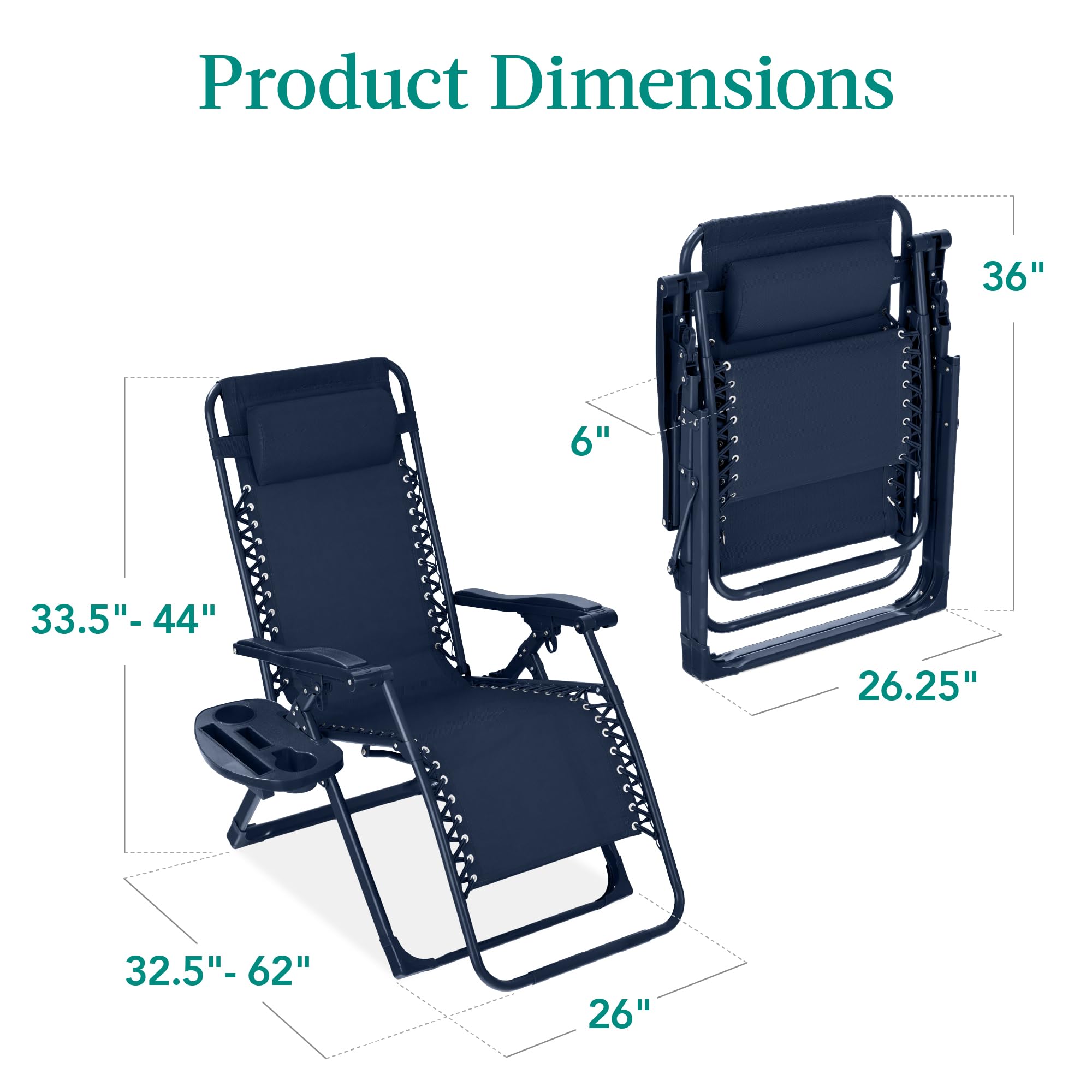 Best Choice Products Adjustable Zero Gravity Chair, Monochromatic Color Folding Patio Recliner w/Side Tray, Headrest - Navy