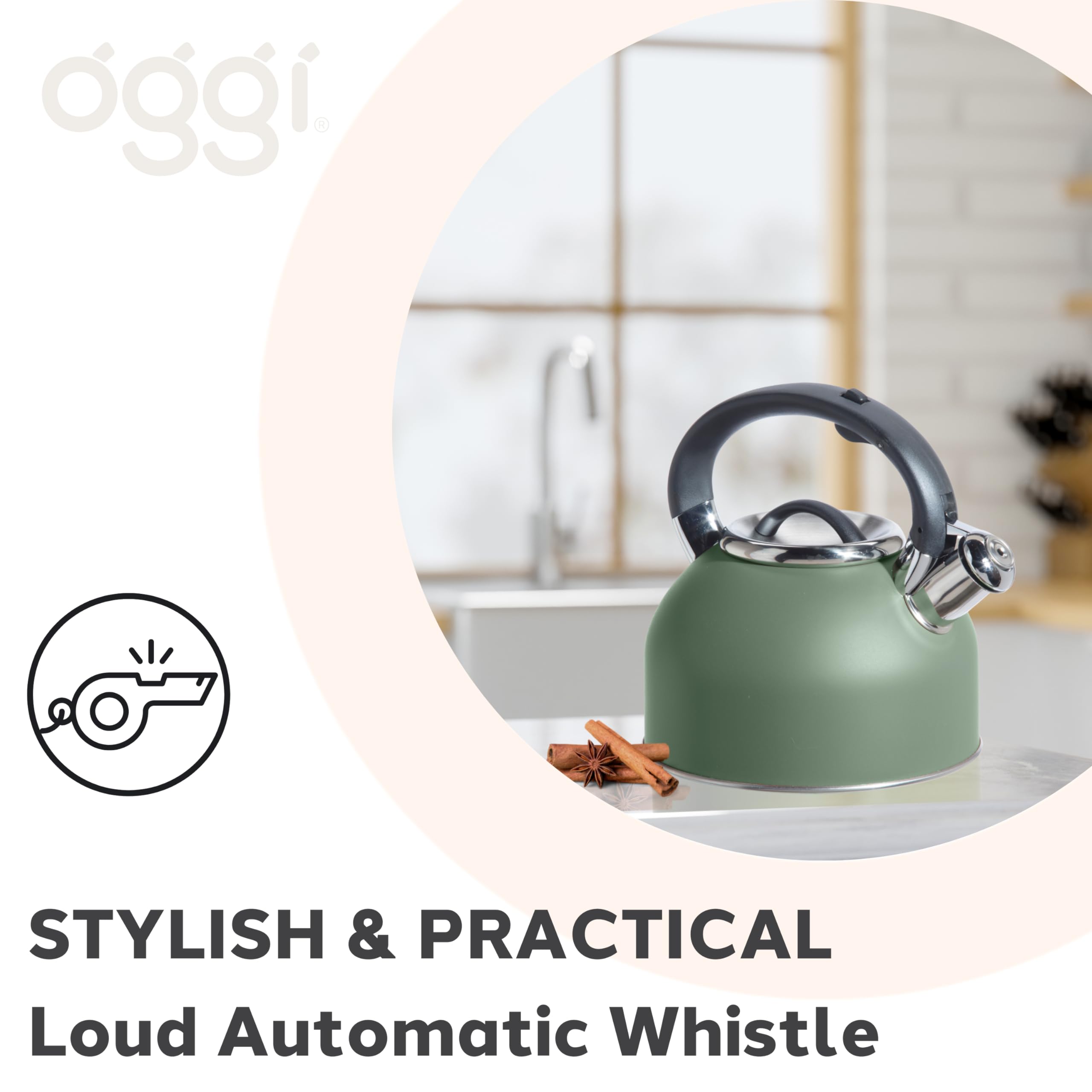 OGGI Tea Kettle for Stove Top - 64oz / 1.9lt, Stainless Steel Kettle with Loud Whistle, Ideal Hot Water Kettle and Water Boiler - Sage