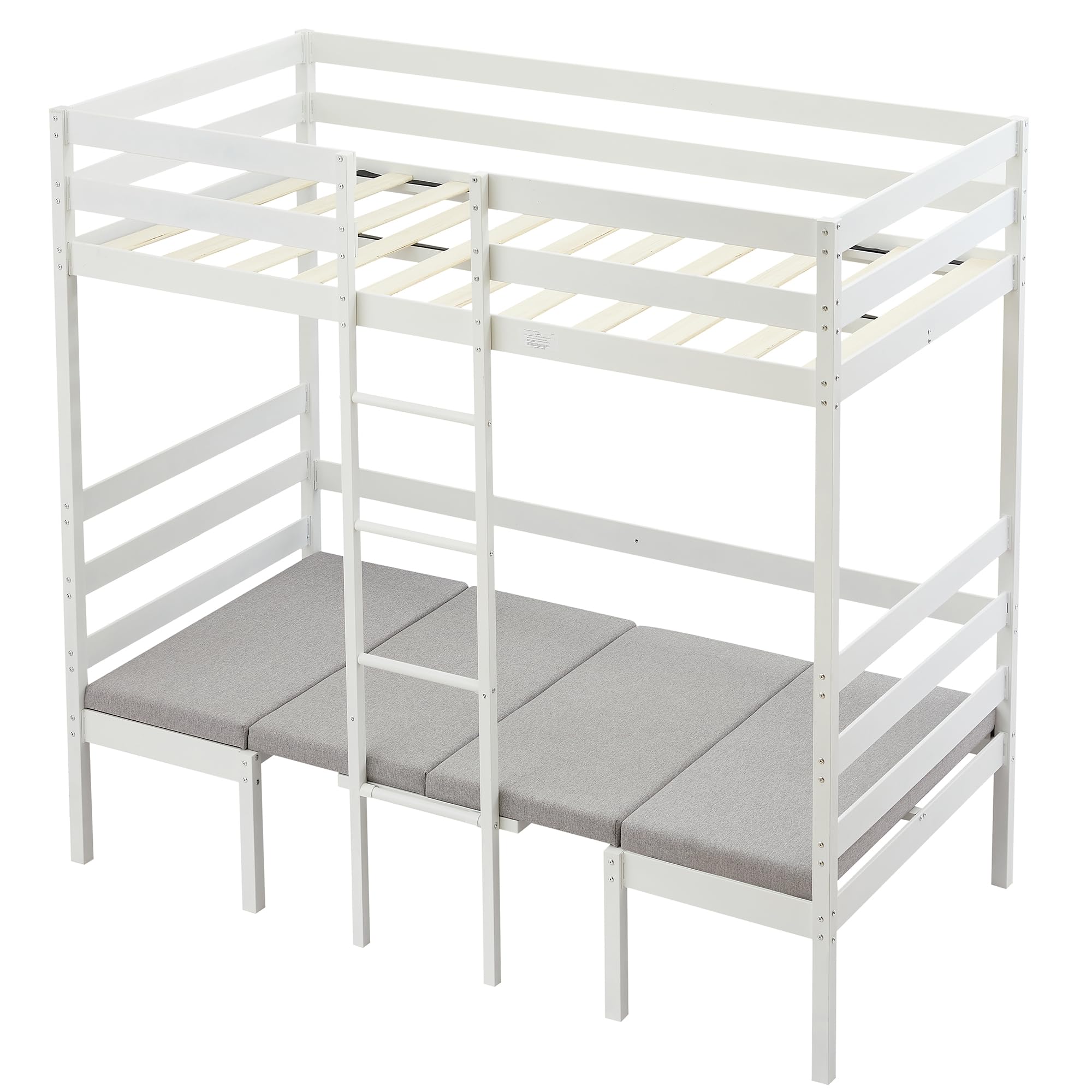 Metal Loft Bed Twin Size, Twin Loft Bed with Desk and Bench, Twin Size Loft Bed Turn into Twin Bunk Beds, Twin Loft Bed with Ladder and Full-Length Guardrail(Cushion Sets are Free), Twin White