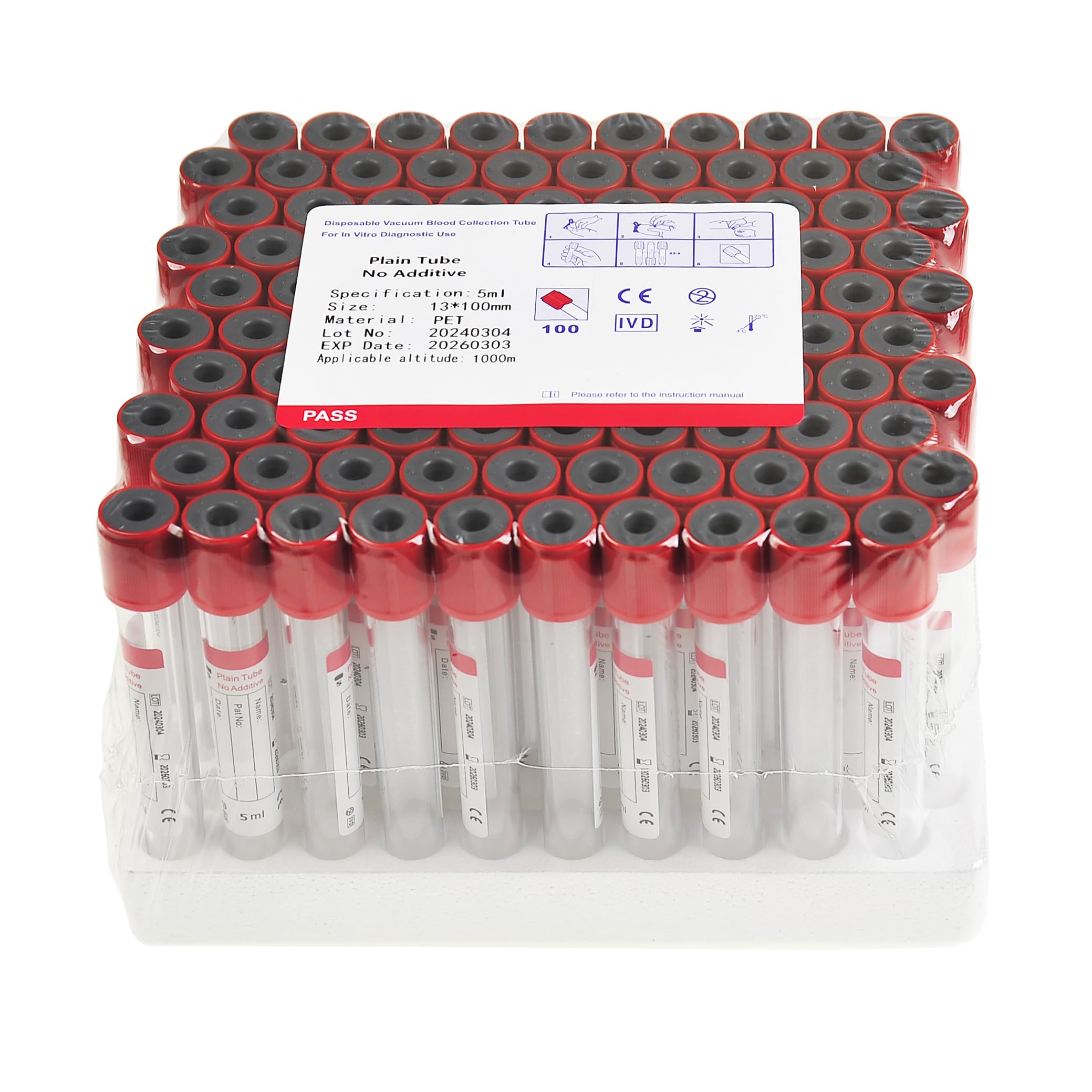 TYQILIN Veterinary Lab Vacuum Blood Collection Coagulation Tubes No Additive Tube Blood Collection Tube Pet Supplies, 3ml Red 100pcs