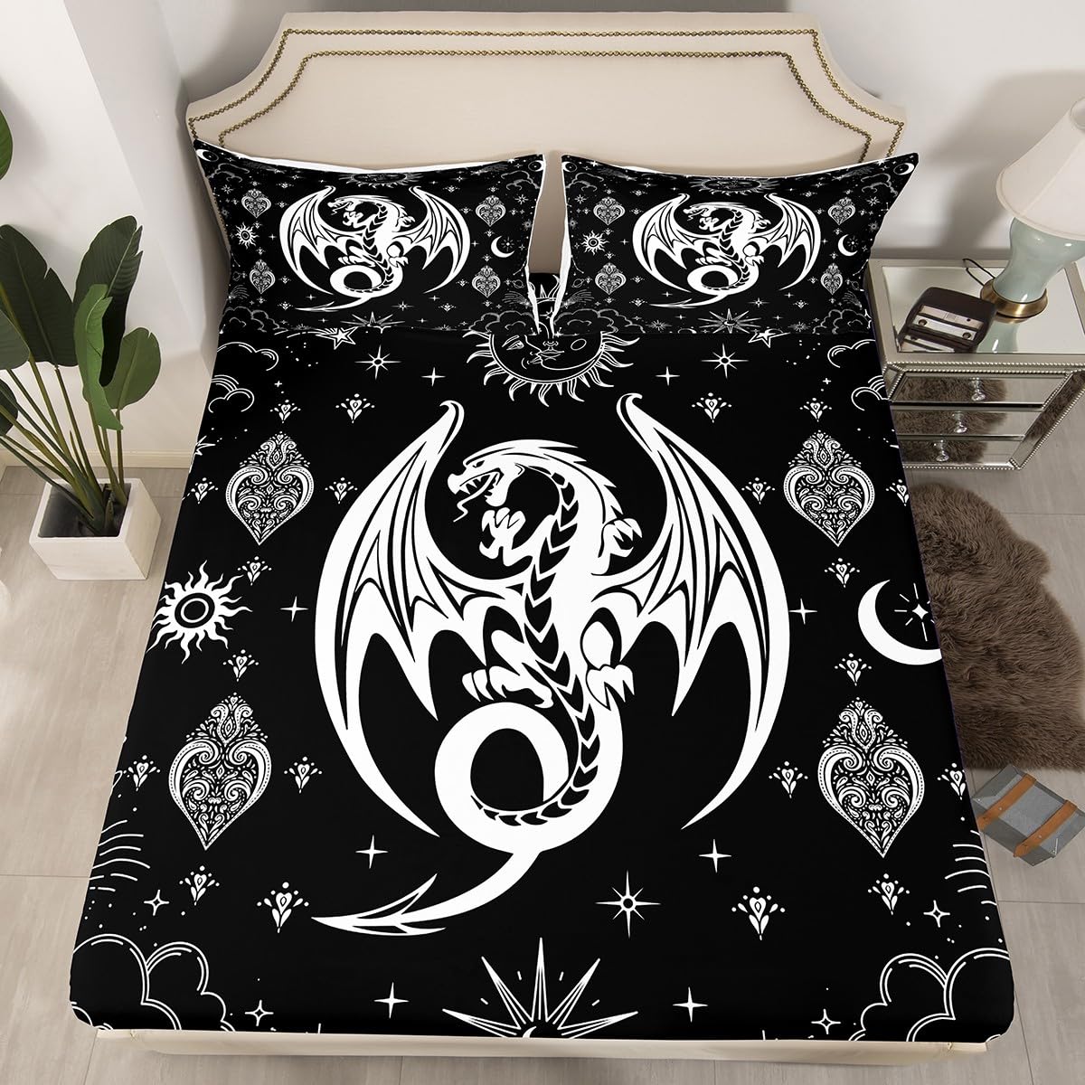 White Black Dragon Bed Sheets Queen Size,Sun Moon Stars Galaxy Bedding Set 4Pcs,Western Magical Animals Fitted Sheet for Kids Boys Men Teens Room Decor,Boho Gothic Top Flat Sheet,2 Pillowcases