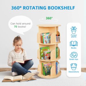 OOOK Kids Rotating Bookshelf Tower, Small Corner Bookshelf for Small Space, 360 Display 3 Tier Floor Standing Montessori Bookshelf Storage Rack, Large Chassis Spinning Bookshelf for Kids Room, Nursery